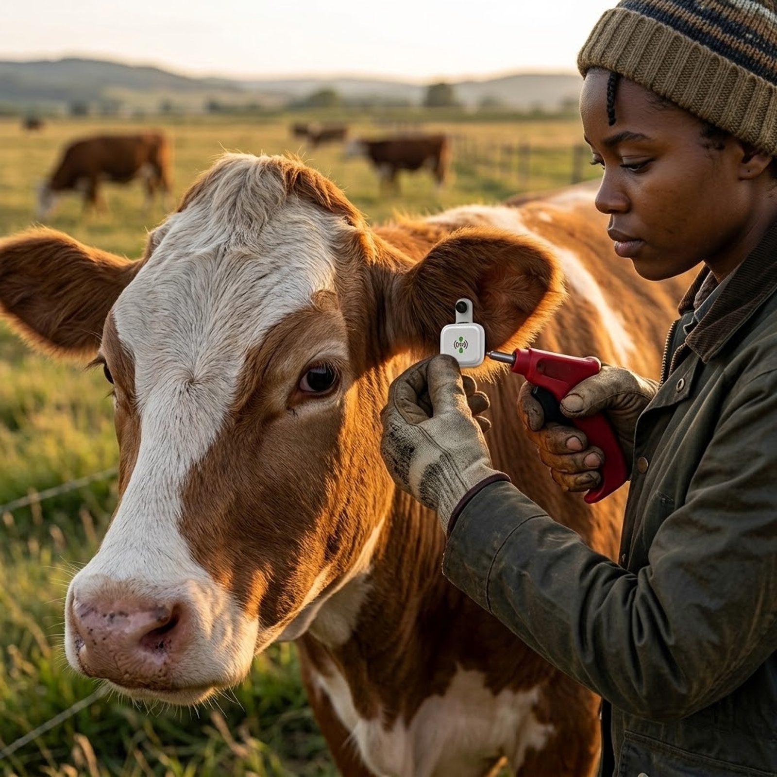 A farmer caring for cattle in the field